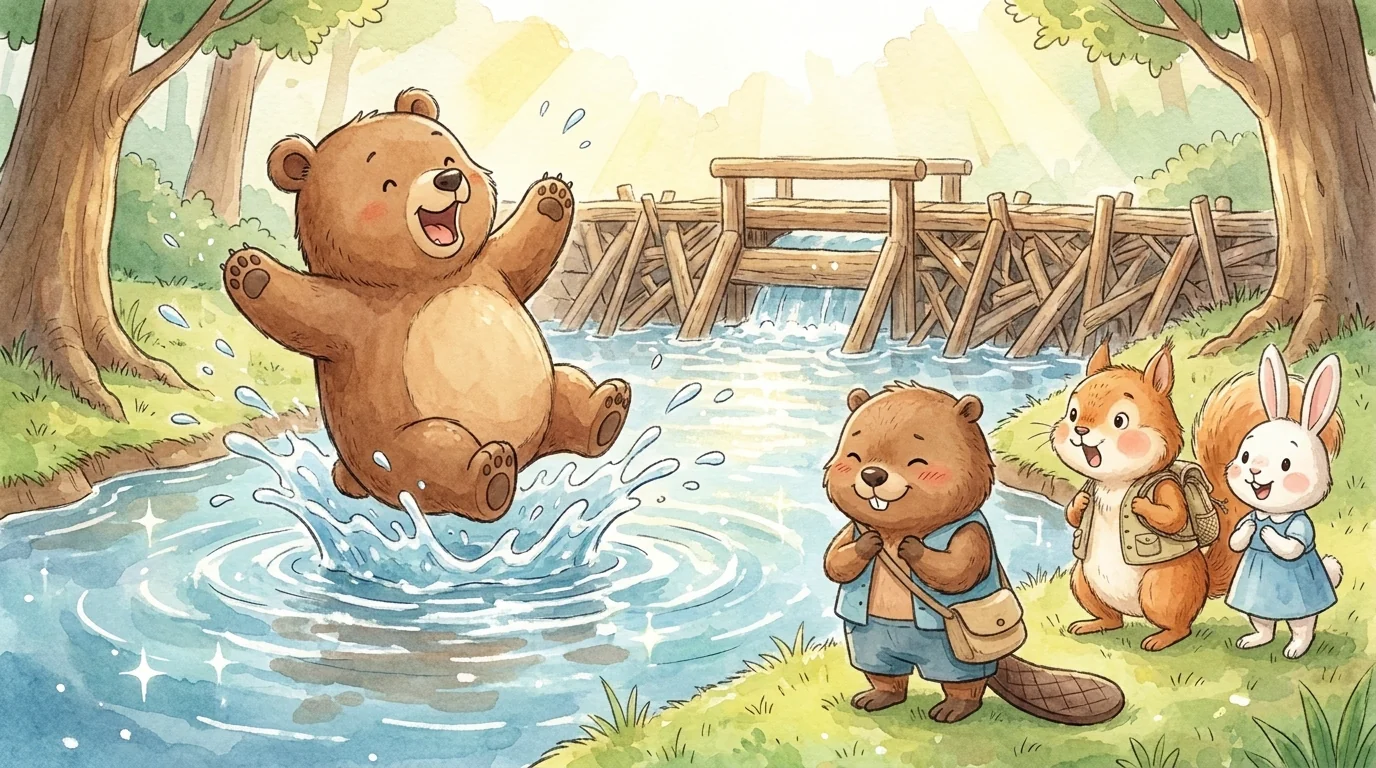 迷你水壩前出現閃亮清涼小水池,小熊率先跳入水花四濺大喊太棒了,阿圓站在岸邊靦腆微笑,小兔子小松鼠驚喜圍觀,陽光灑落波光粼粼